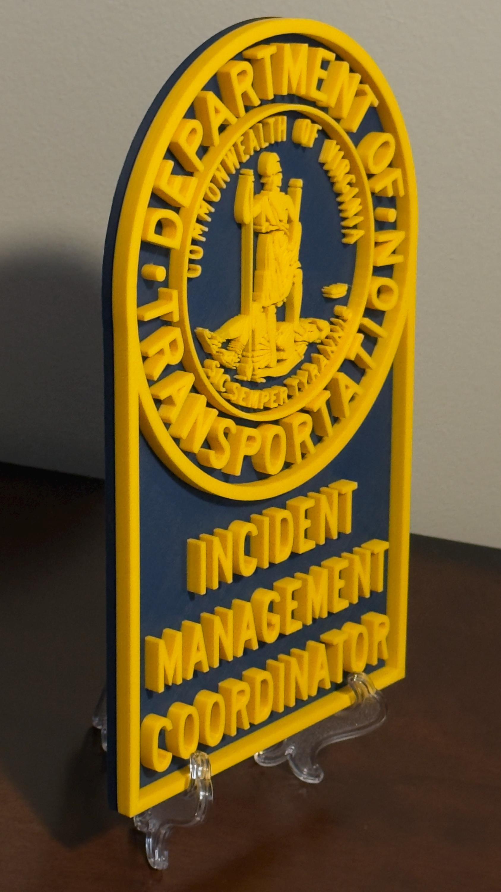 Virginia DOT Incident Coordinator Plaque: 3D Embossed Display