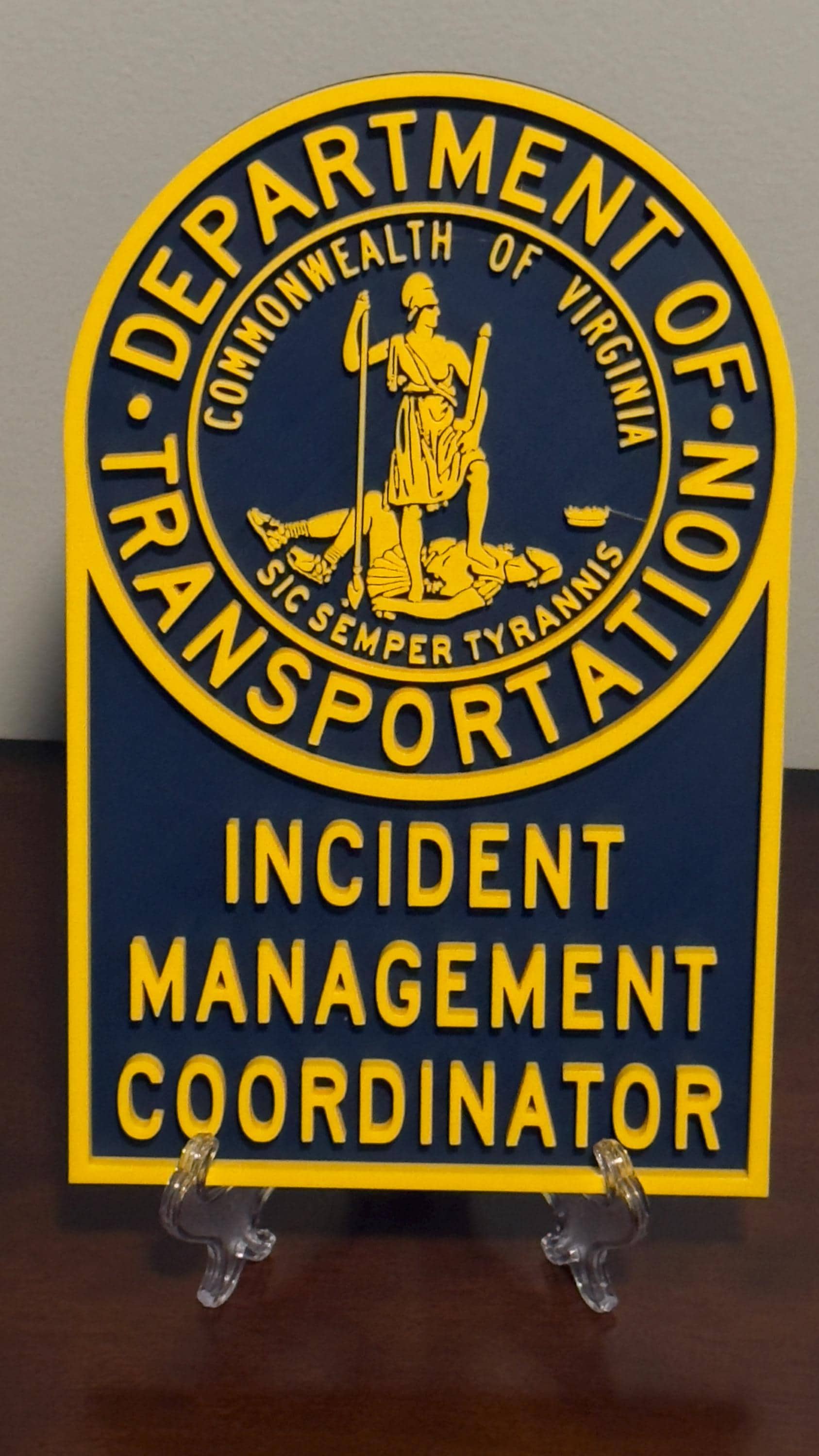 Virginia DOT Incident Coordinator Plaque: 3D Embossed Display