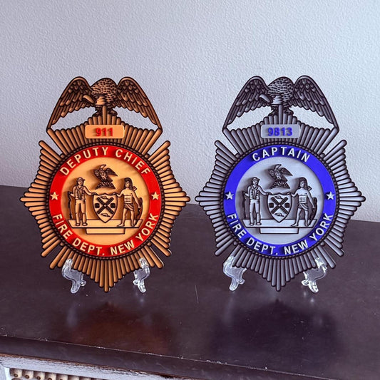 FDNY Officer Badge Plaque: 3D First Responder Wall Art NY Display Plaque