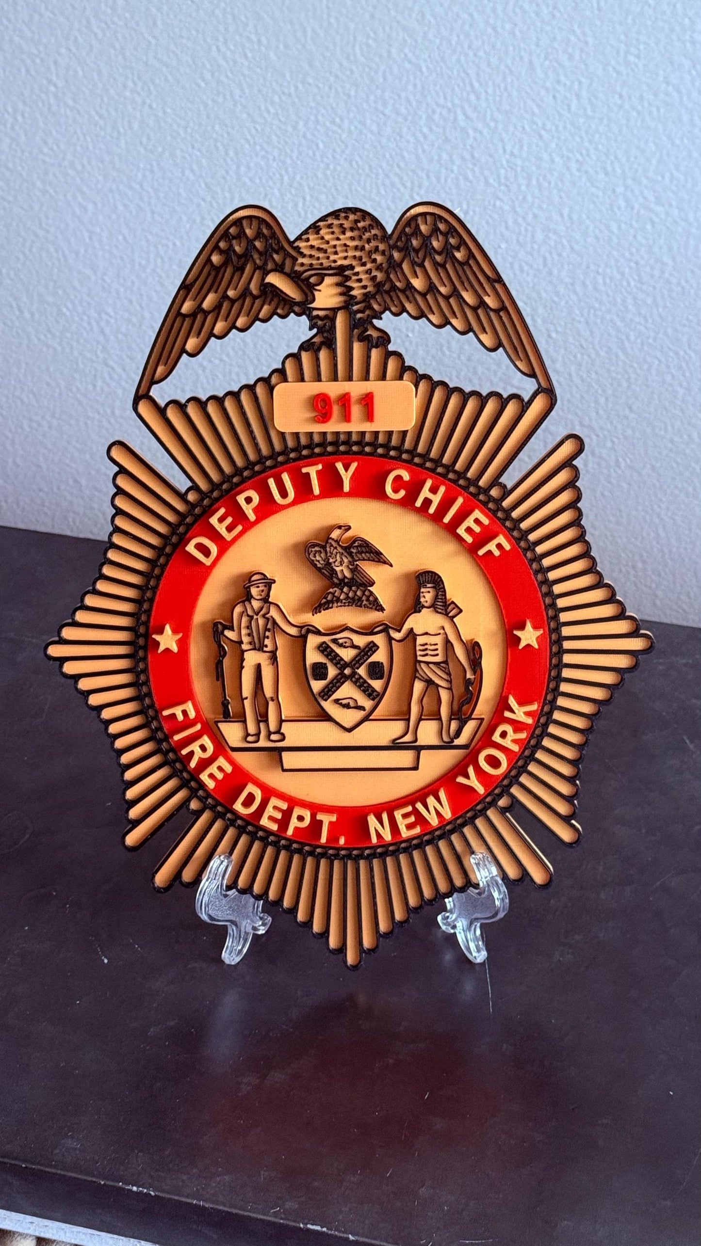 FDNY Officer Badge Plaque: 3D First Responder Wall Art NY Display Plaque