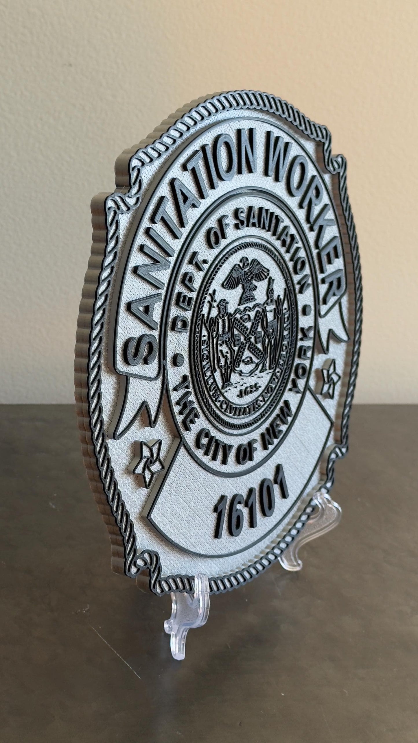 NYC Sanitation Worker Badge Plaque, 3D Embossed Plastic DSNY New York
