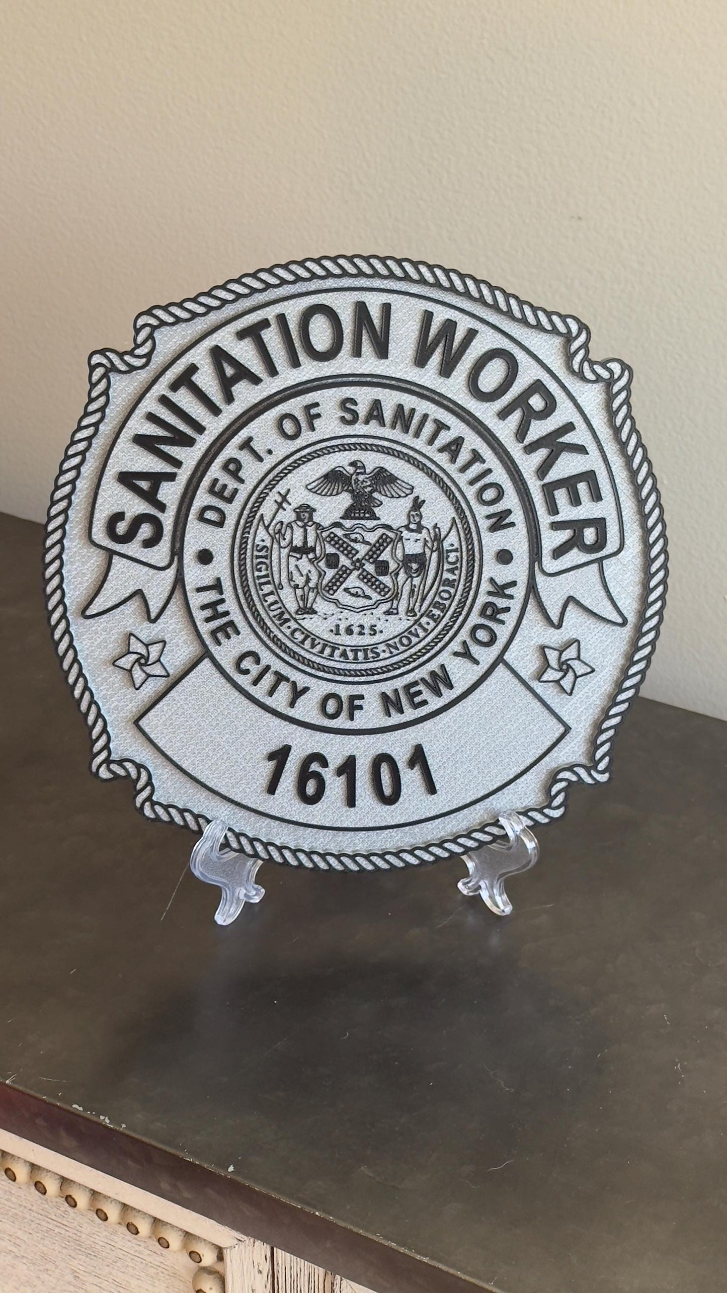 NYC Sanitation Worker Badge Plaque, 3D Embossed Plastic DSNY New York