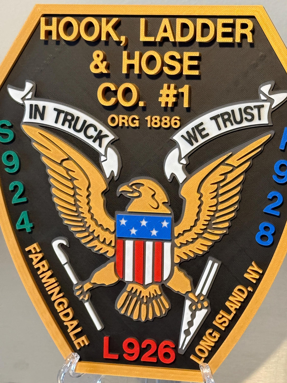 Farmingdale Fire Department 3D Embossed Plaque: Hook Ladder Hose Co. #1 Long Island NY New York