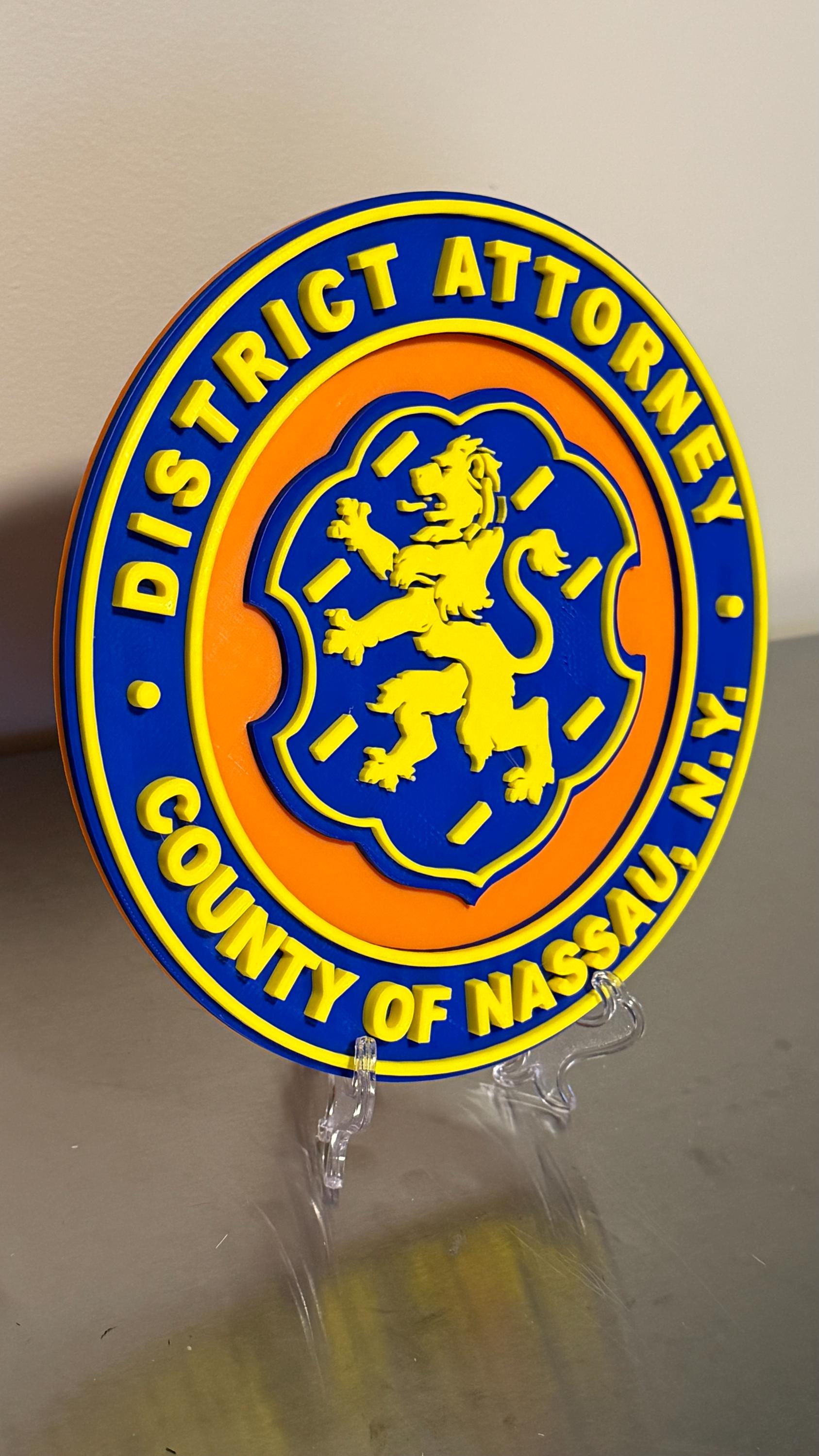 Nassau County District Attorney 3D Embossed Plaque - Long Island NY New York