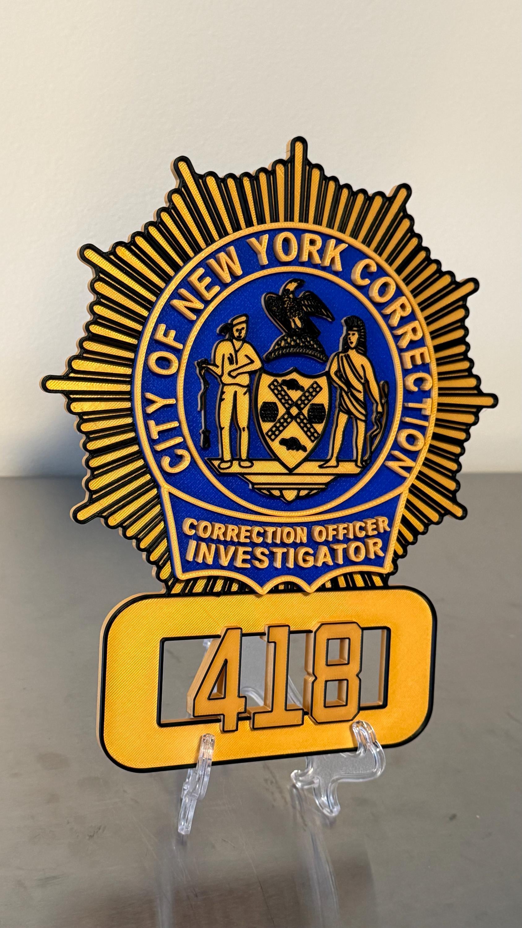 NYC Corrections Officer Investigator Shield 3D Display Plaque NY New York