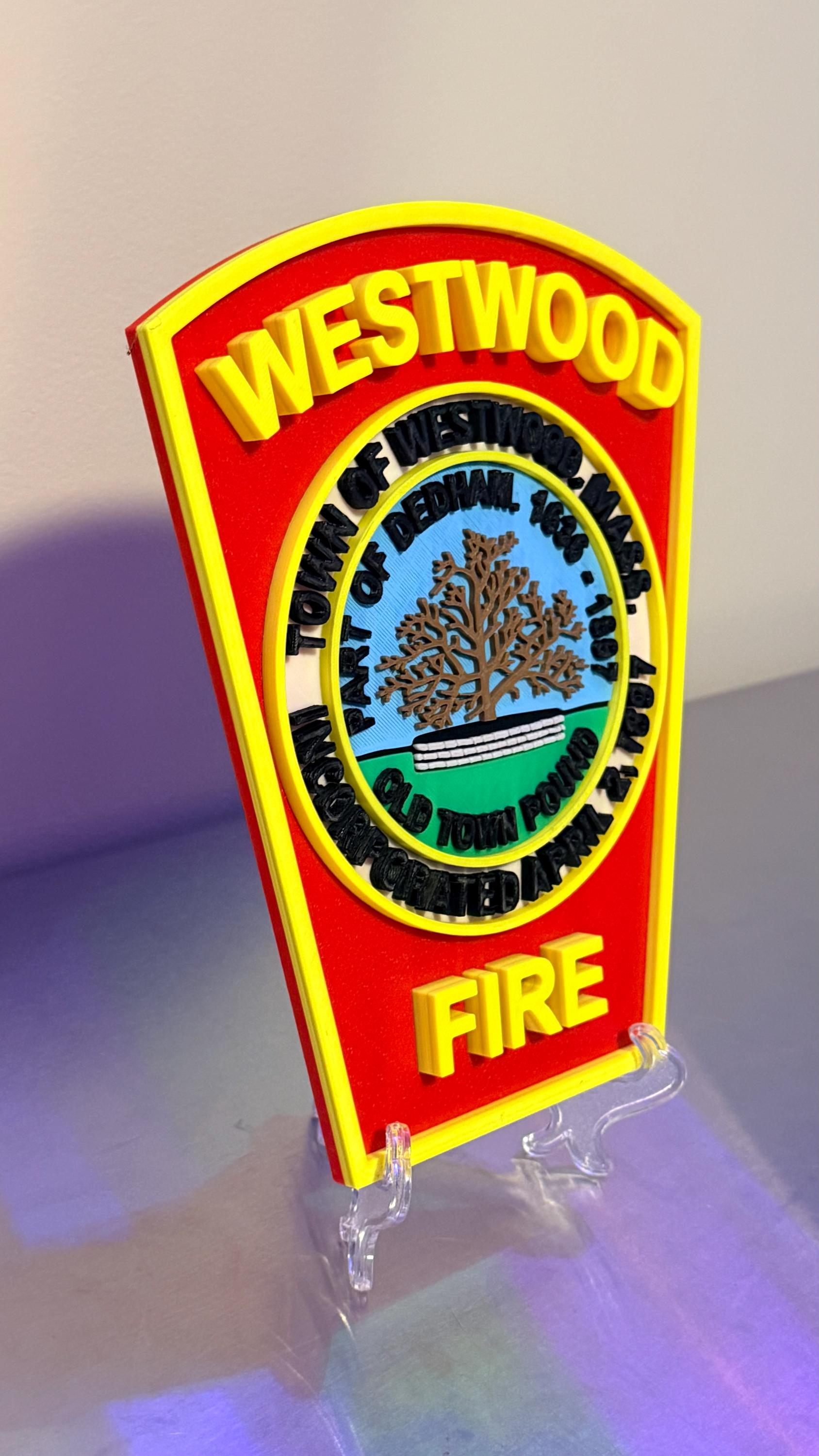 Westwood Fire Department MA 3D Plaque : Wall or Shelf Display Massachusetts