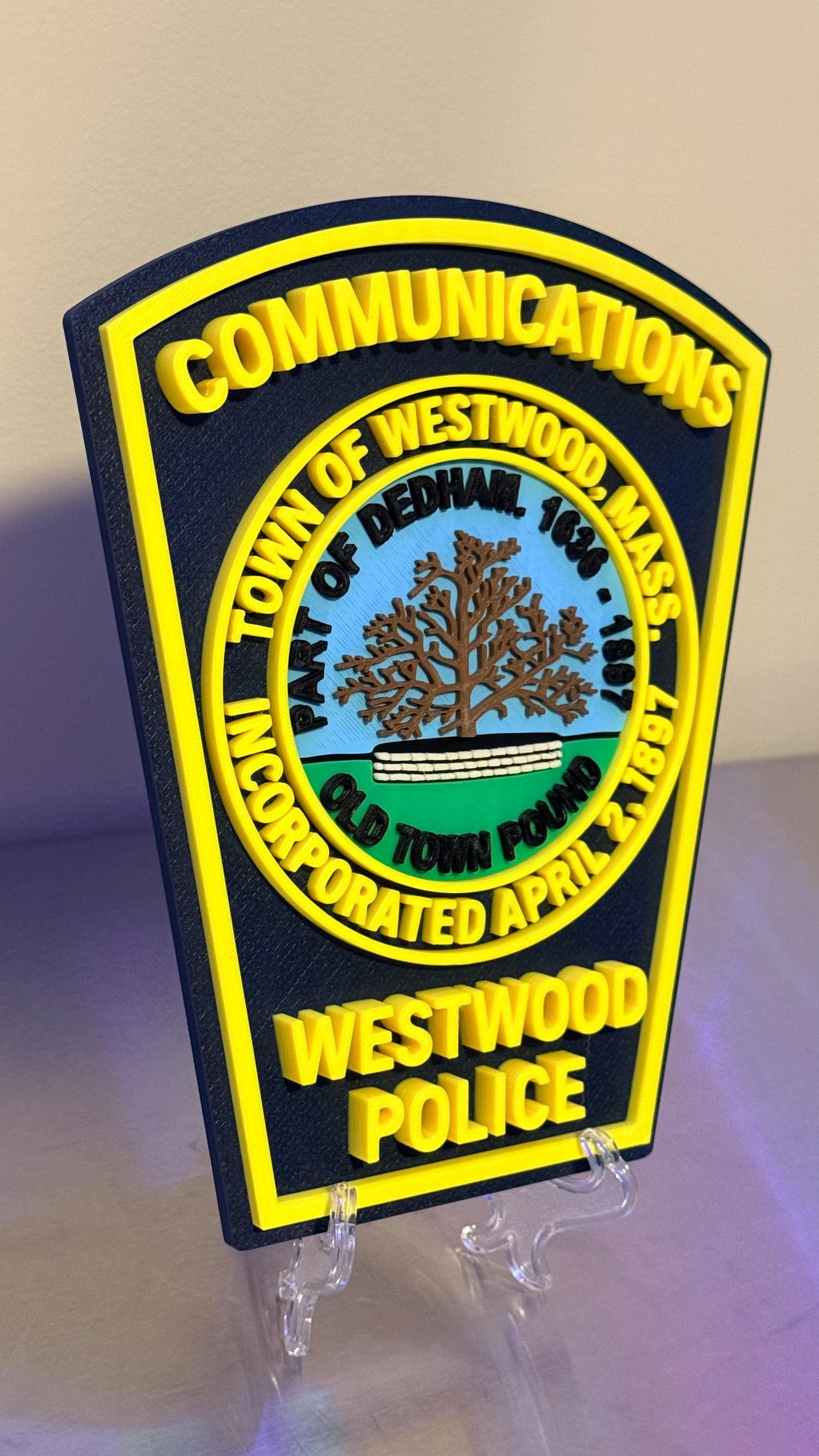 Westwood Police Communications MA 3D Plaque : Wall or Shelf Display Massachusetts