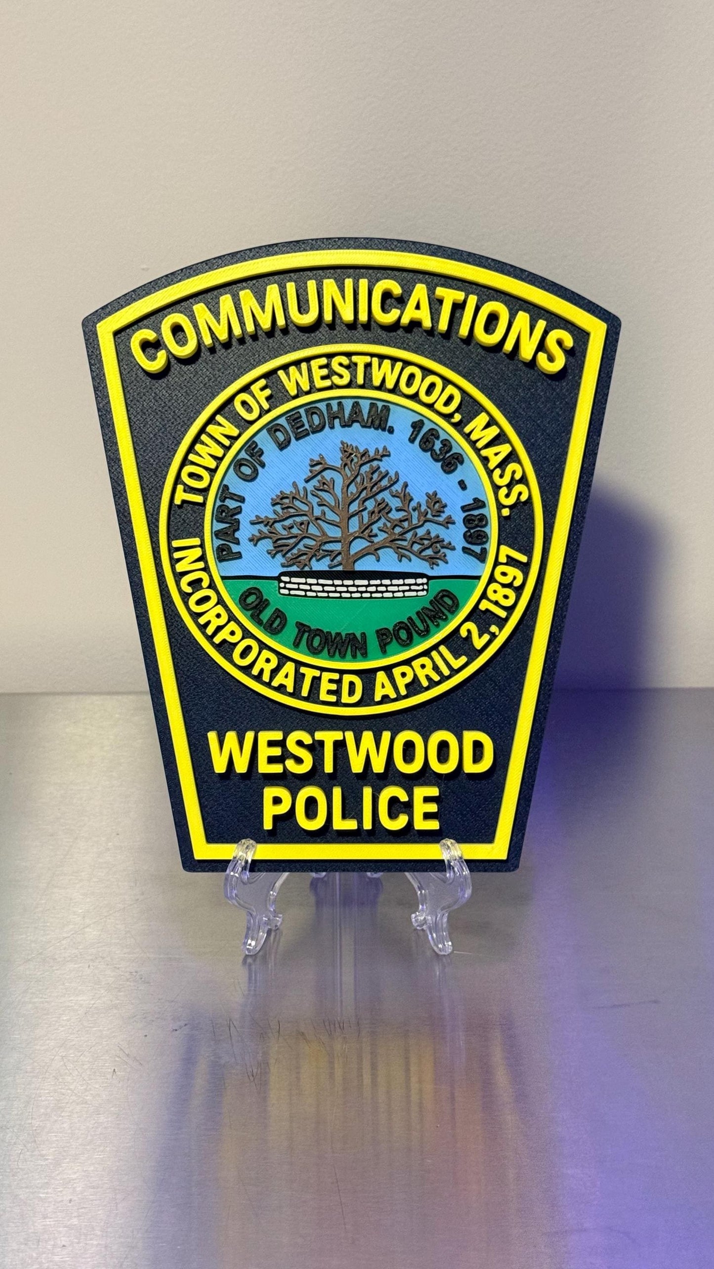 Westwood Police Communications MA 3D Plaque : Wall or Shelf Display Massachusetts