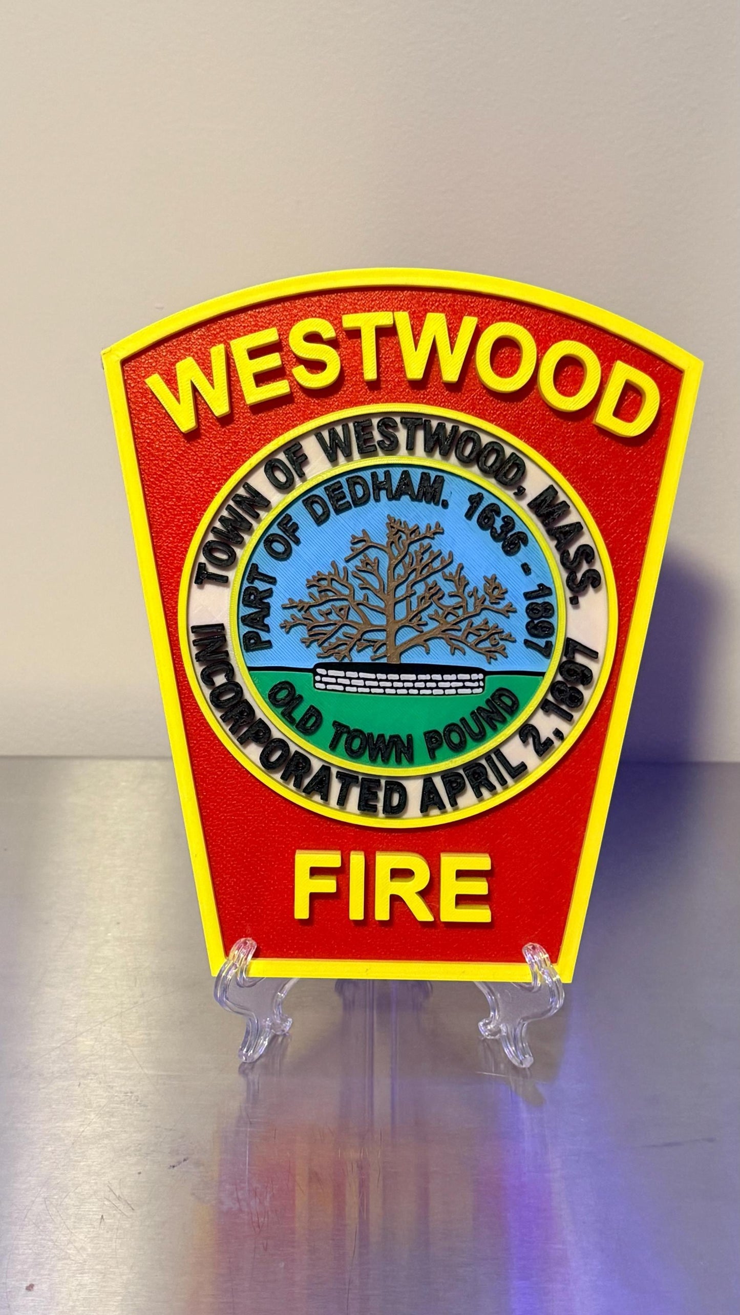 Westwood Fire Department MA 3D Plaque : Wall or Shelf Display Massachusetts