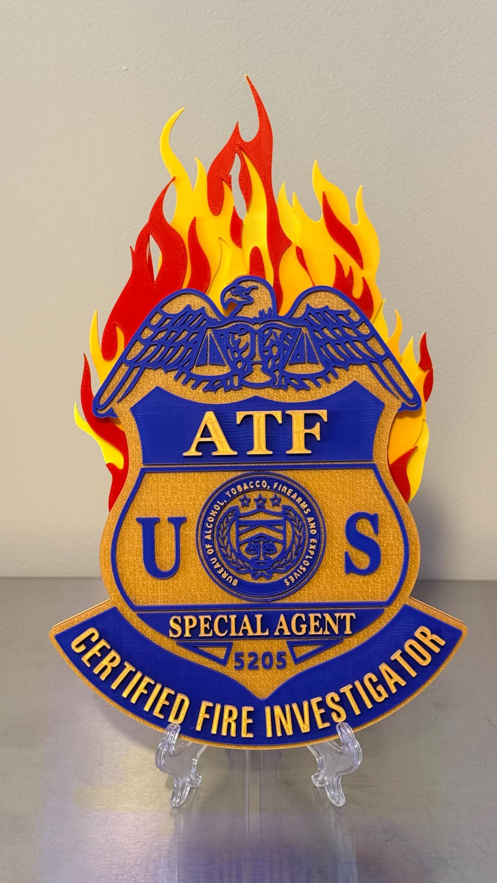 ATF Special Agent Certified Fire Investigator 13" Badge Display: 3D Embossed Police Plaque - Customs Alcohol Tobacco Firearms Government