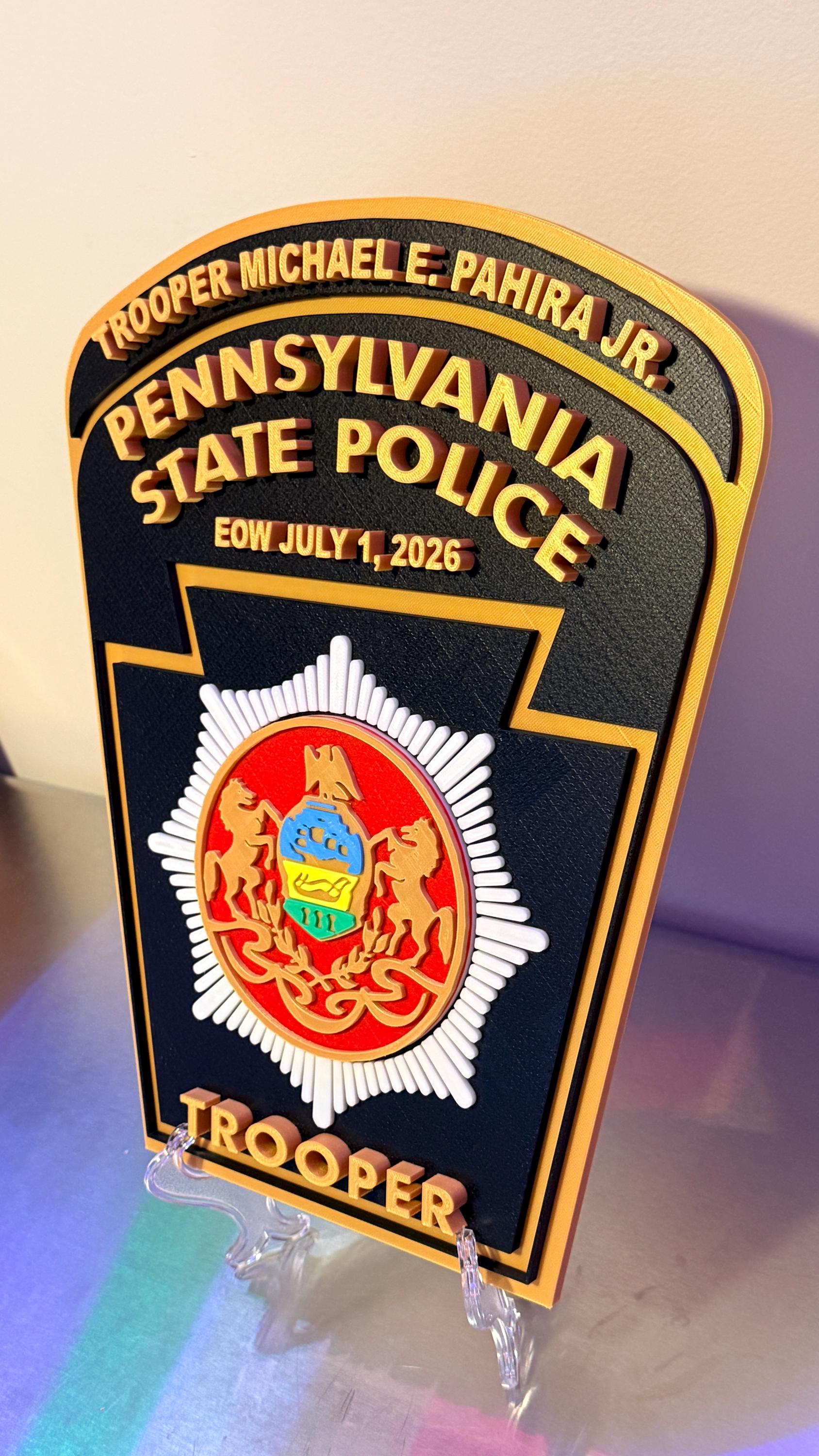 Customizable Pennsylvania State Police Trooper 3D Display Plaque PSP PA