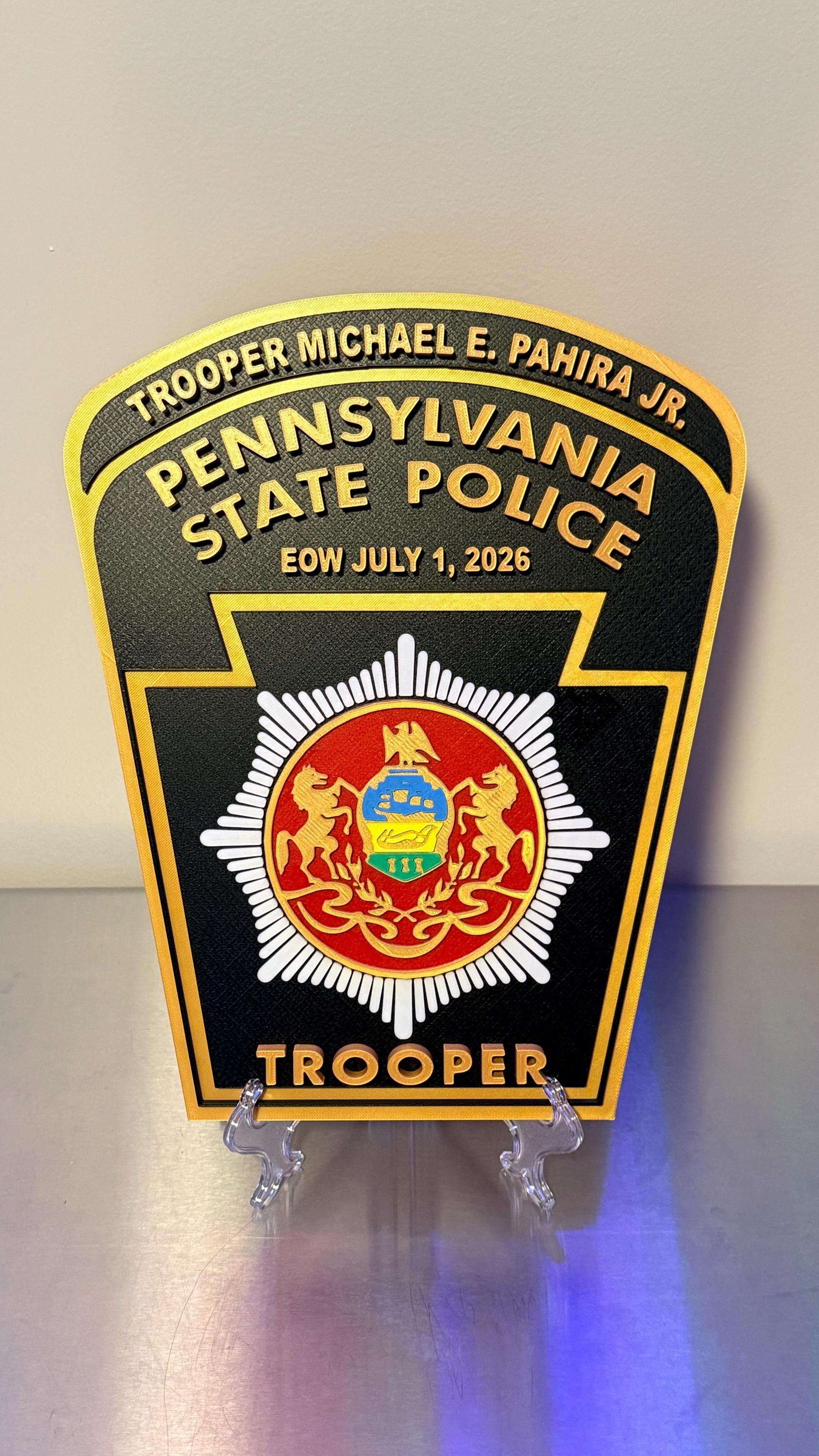 Customizable Pennsylvania State Police Trooper 3D Display Plaque PSP PA