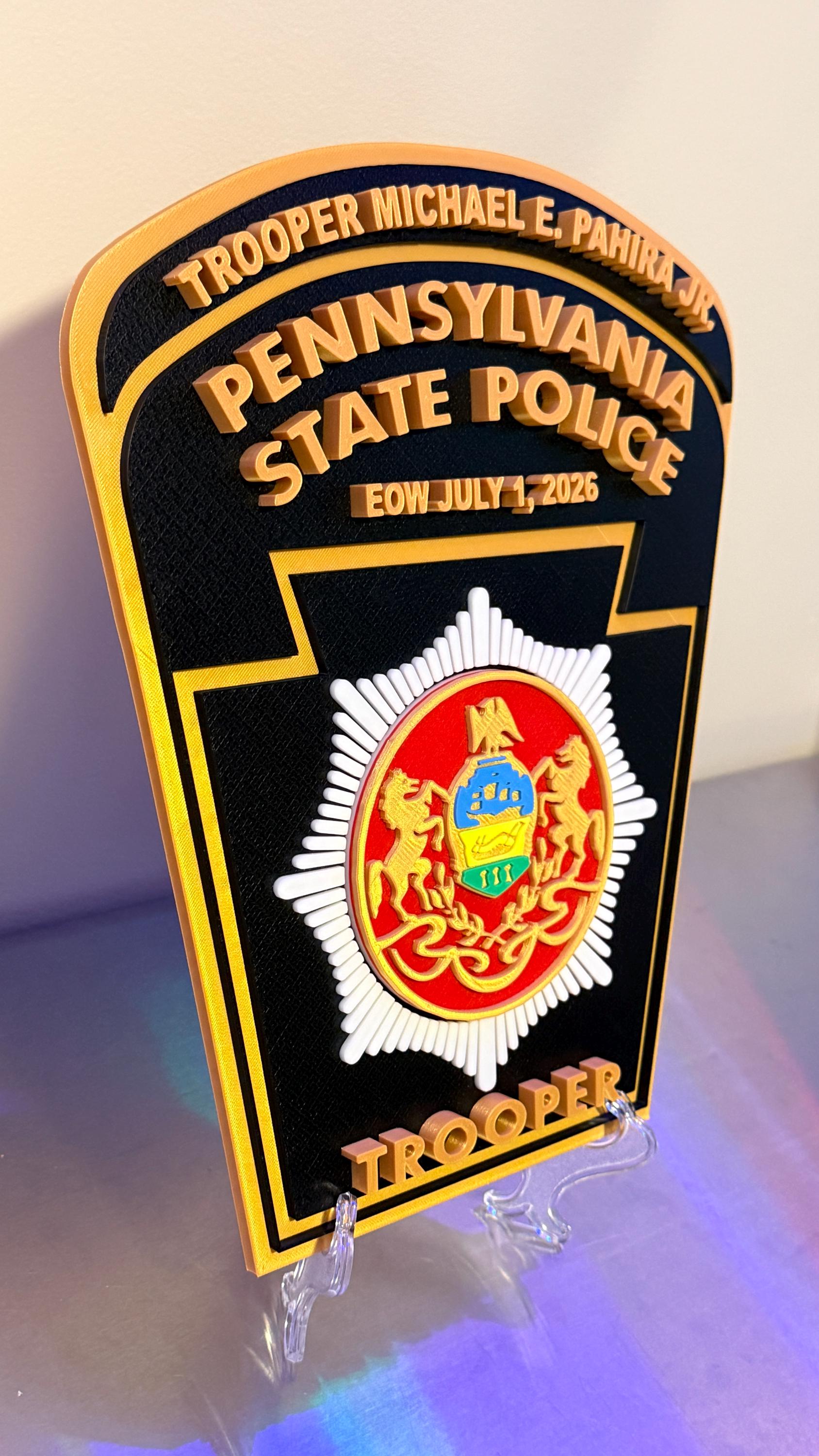 Customizable Pennsylvania State Police Trooper 3D Display Plaque PSP PA